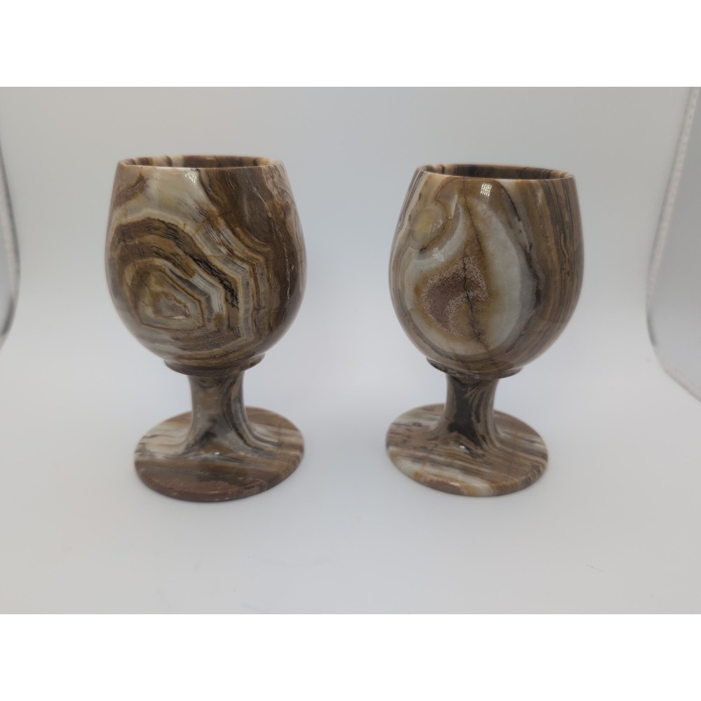 Pair Vintage Banded Onyx Marble Wine Goblets Cups Boho Bar 4.75in Stone